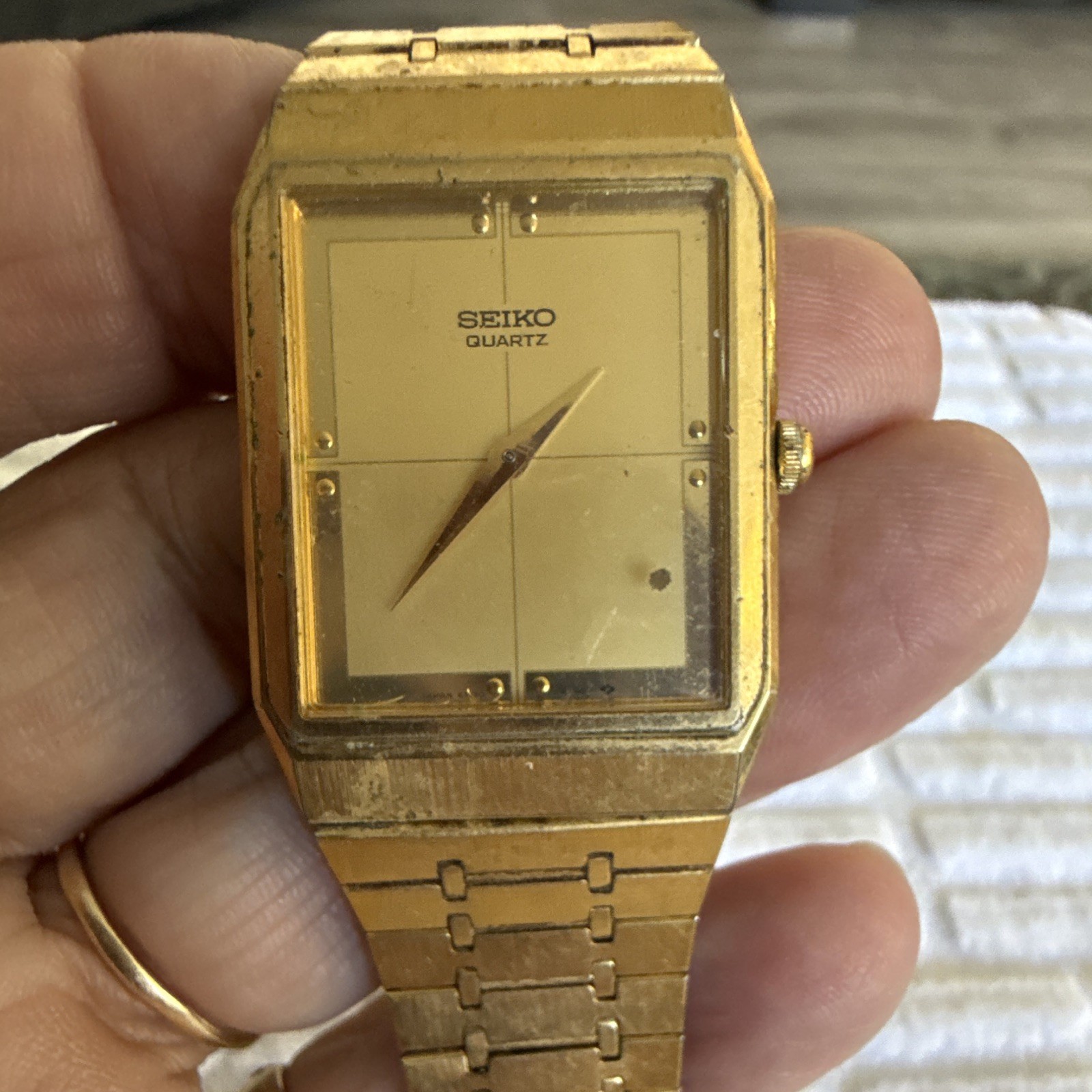 Seiko Quartz Rectangular Dress Watch Gold Dial Stick, Gold/Silver Bracelet