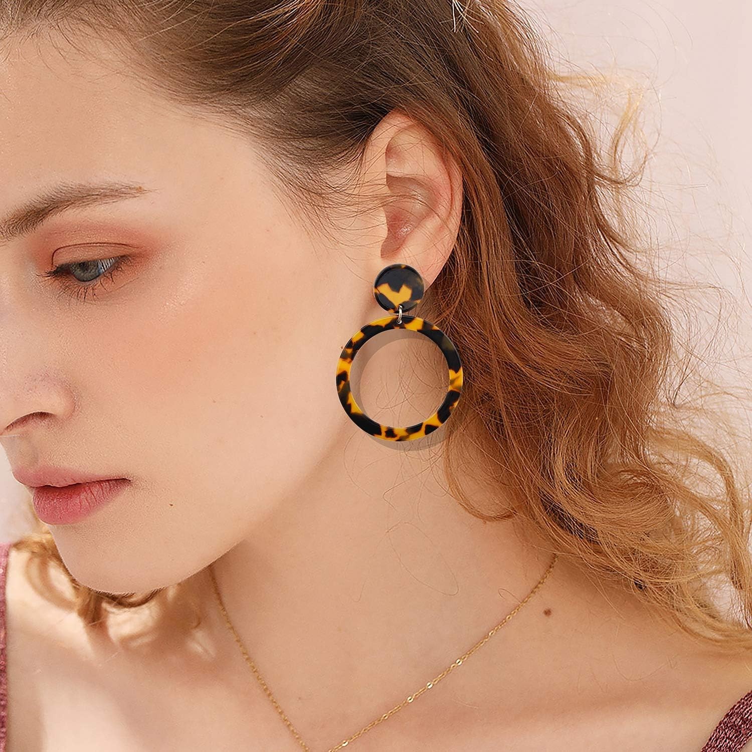 Acrylic Circle Drop Dangle Earrings Tortoise Shell Hoop Mottled
