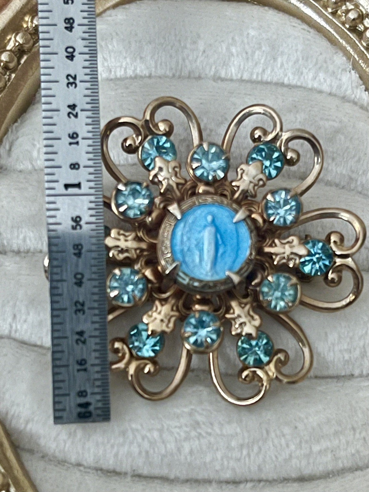 Vintage Mary Brooch Immaculate Conception Blue Rhinestone Religious Vintage