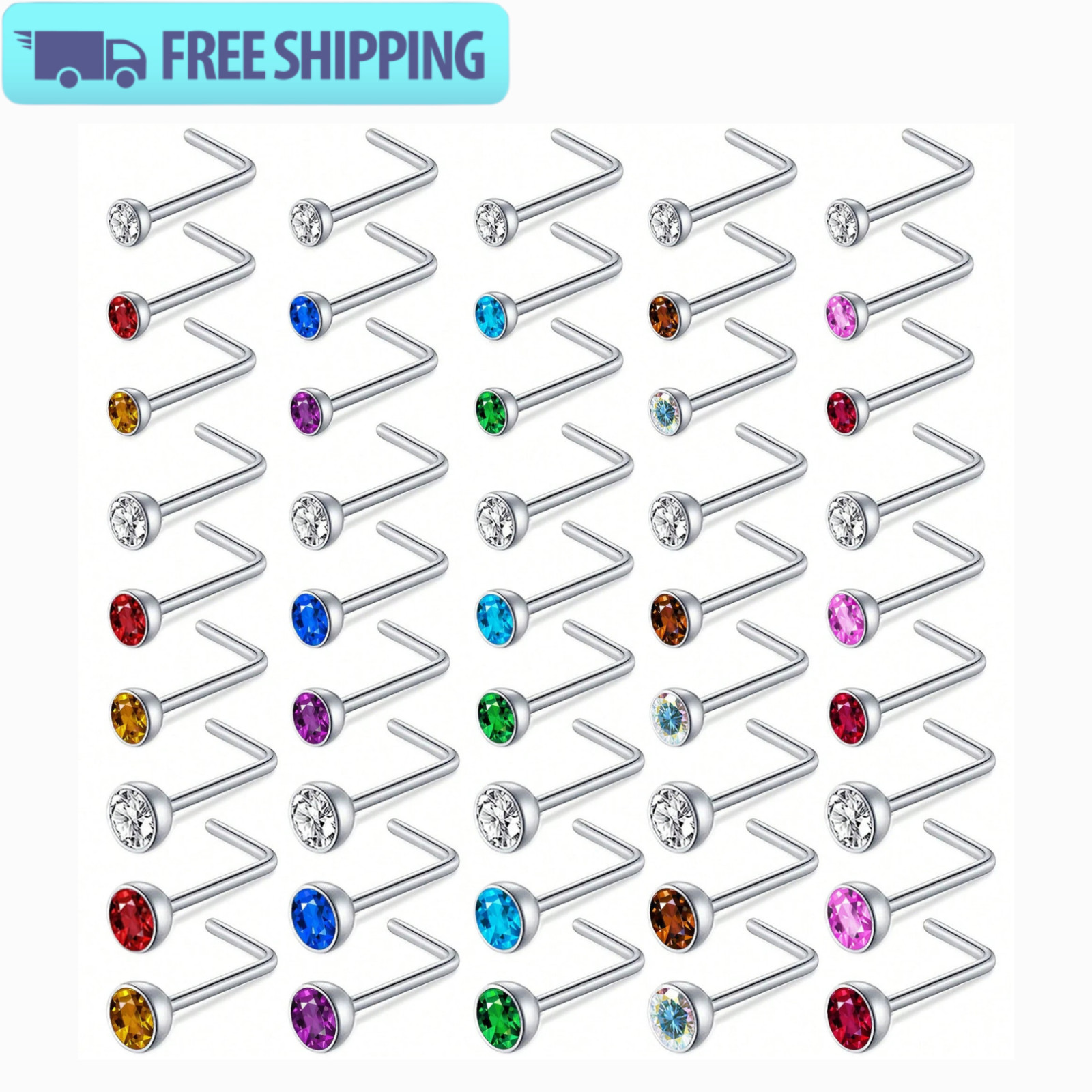 45pcs Stainless Steel Women Nose Rings 20g L-shaped Nose Studs Piercing Jewelry