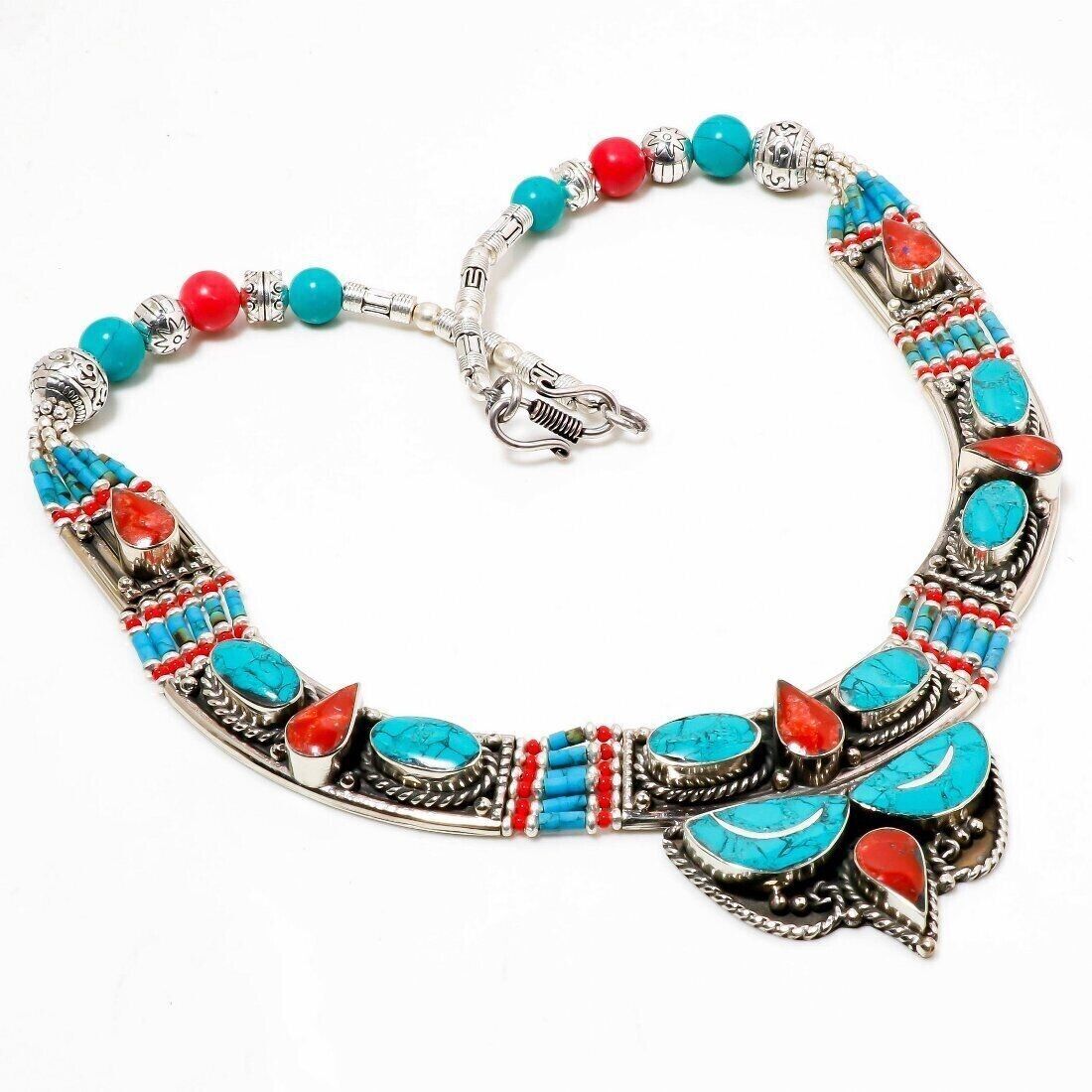 Turquoise Coral Gemstone Tibetan Necklace Ethnic Handmade Nepali Jewelry 18″ N48