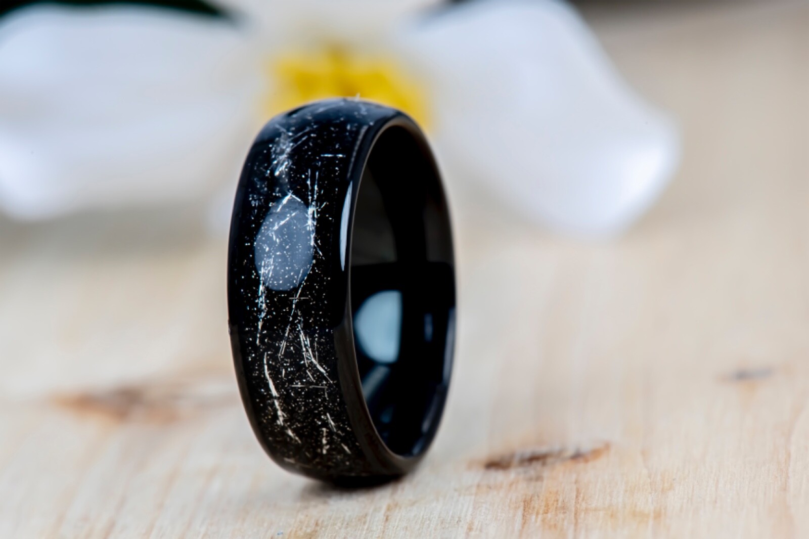 Black Domed Tungsten Ring Imitation Meteorite Inlay Mens Black Wedding Band