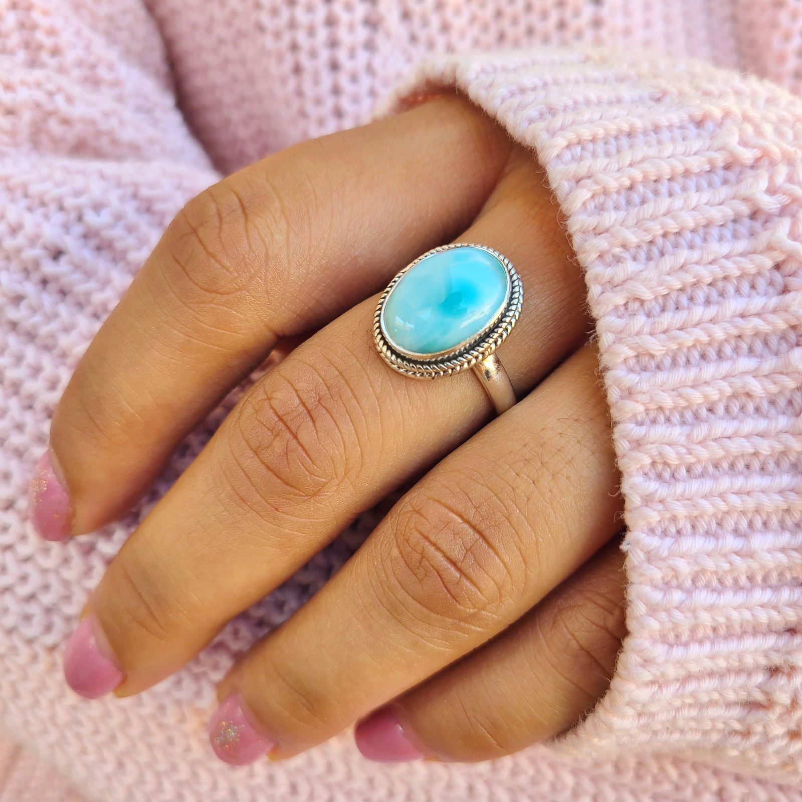 Genuine Larimar Ring 925 Sterling Silver Statement Ring Hand Made Ships From USA