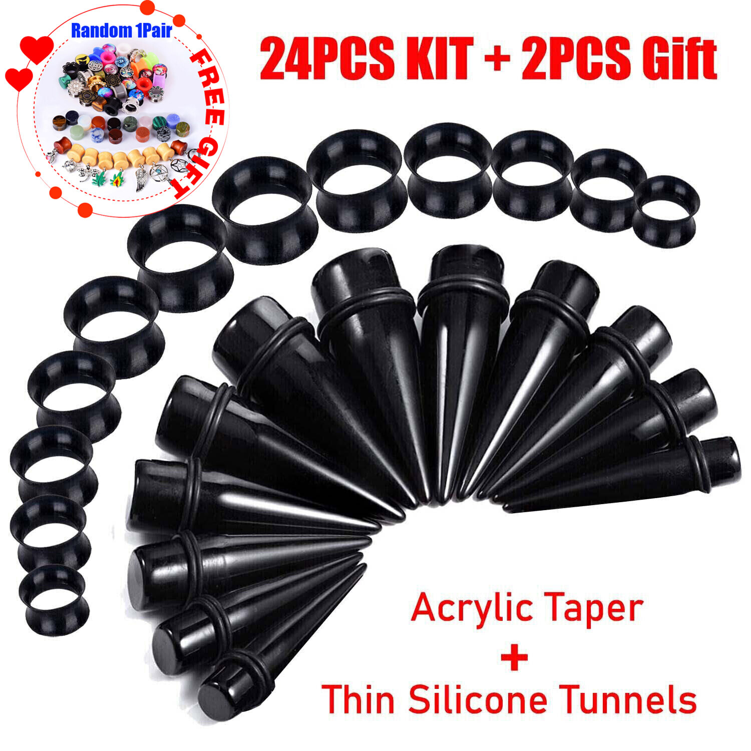 24PCS LARGE SIZE Ear Stretching Kit Acrylic Taper Plugs & Thin Silicone Tunnels