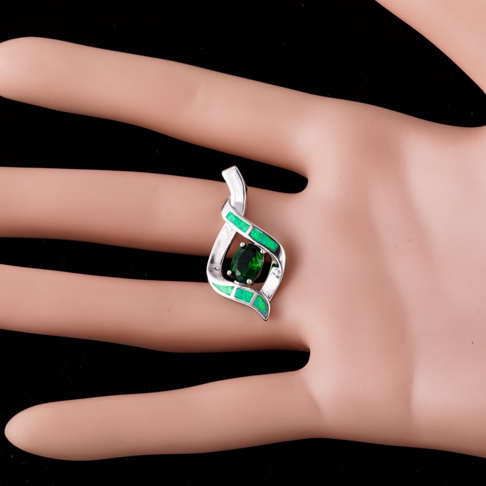 6×8 Simulated Emerald Green Fire Opal Silver Filled Jewelry Necklace Pendant