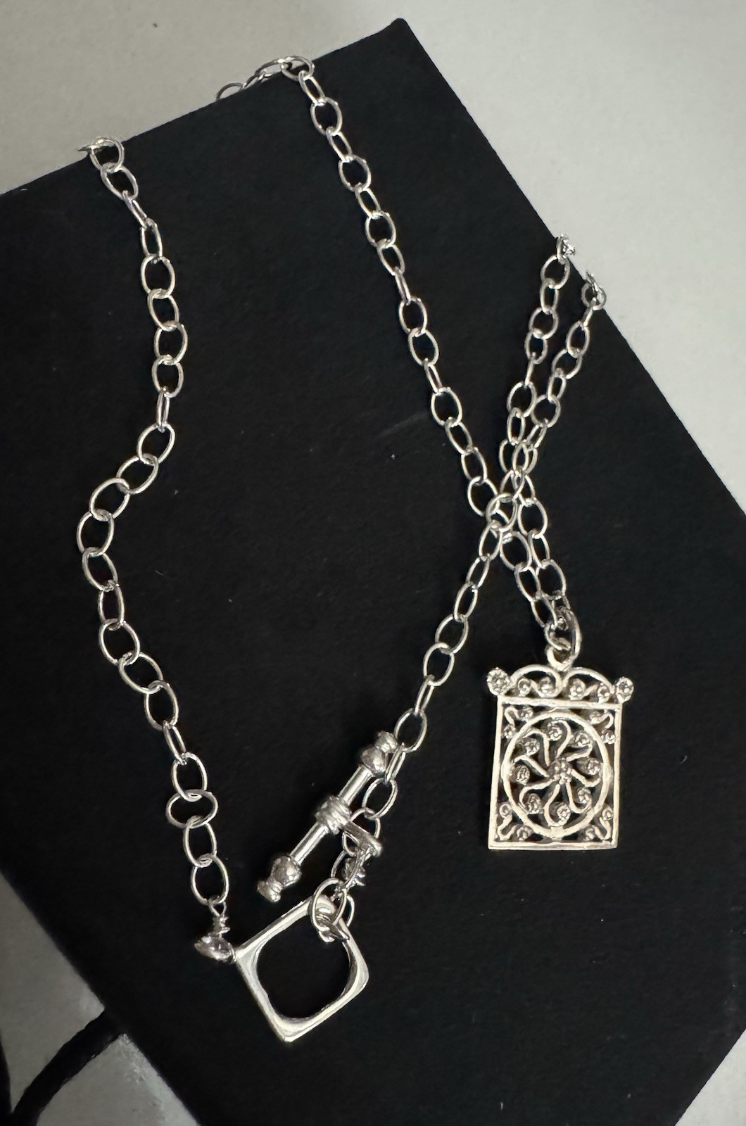 Gorgeous Sterling Chain Link Square Pendant Filigree Necklace Toggle Closure