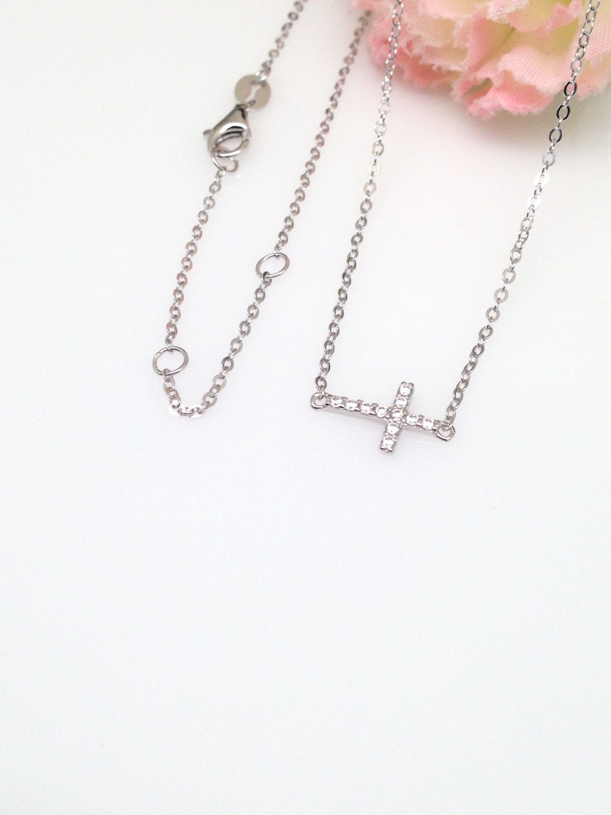 925 Sterling Silver CZ Sideways Cross Pendant Necklace Dainty 9.5mm 17.75″ Women
