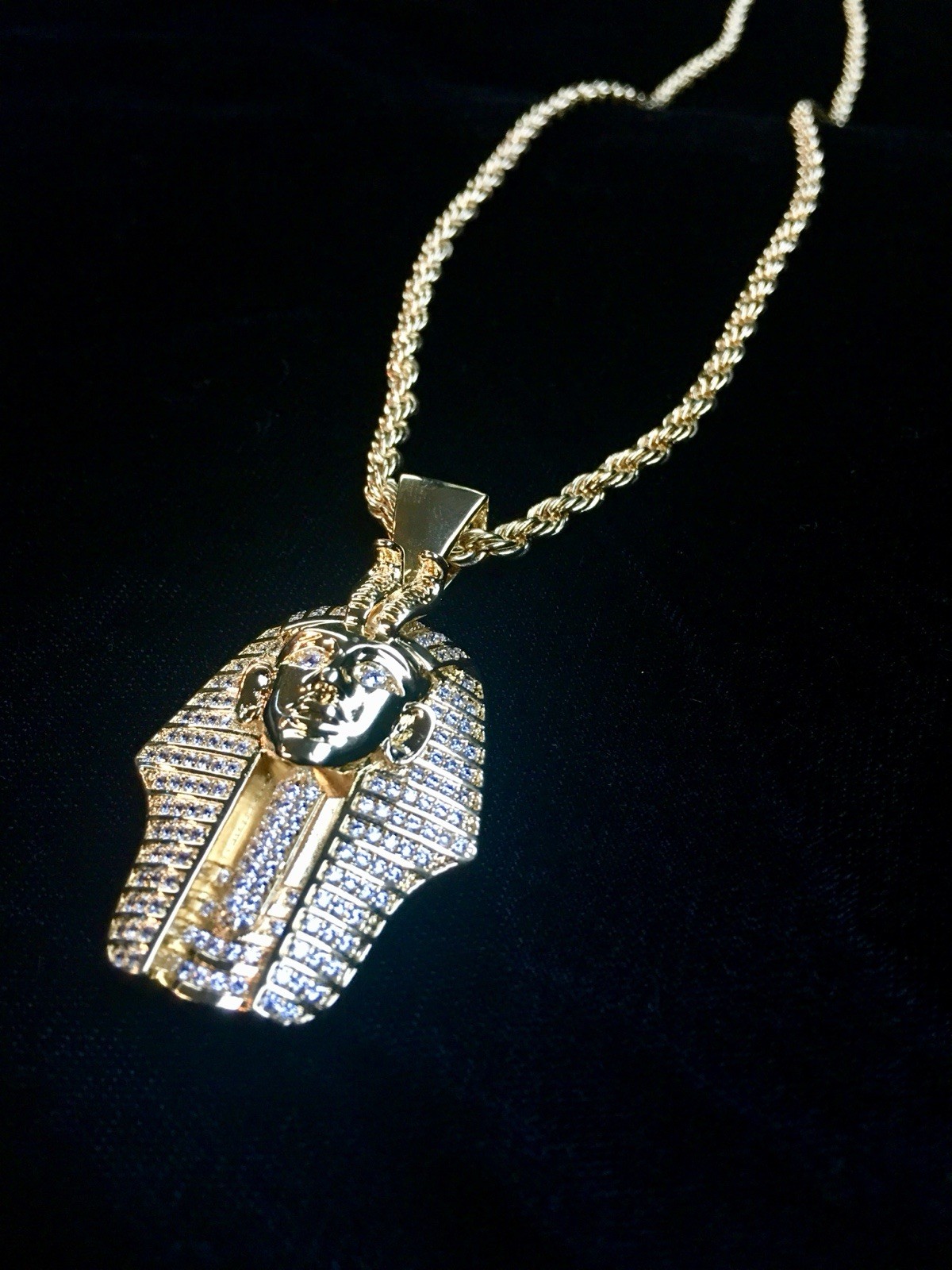 18K GOLD ROPE 24” CHAIN EGYPTIAN PHARAOH LAB DIAMONDS NECKLACE **MADE IN ITALY**