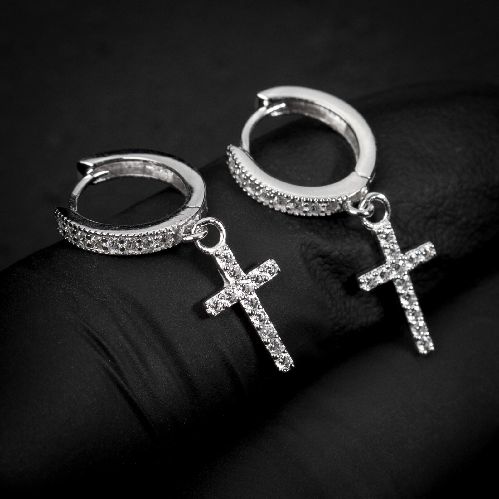 Mens Iced Sterling Silver Cz Dangle Drop Mini Huggie Clip Cross Hoop Earrings