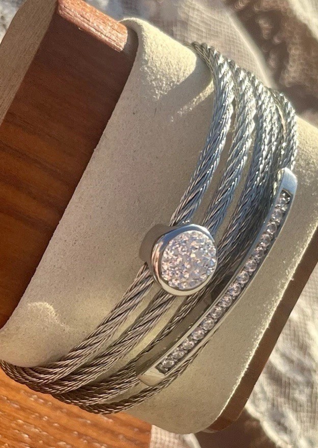 2 Stainless Sliver Mesh Cubic Zirconia Stackable Cuff Bracelet 6.25