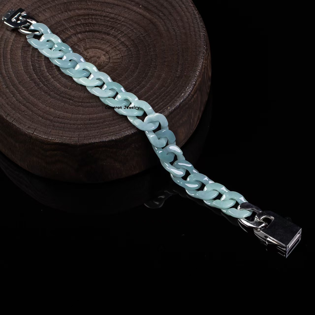 Real Grade A Natural Blue Jade Jadeite Bracelet 12mm Cuban Curb Chain 5.9-8.3in