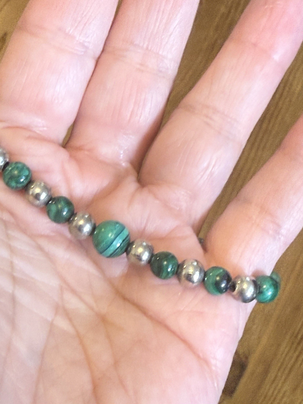 hand crafted beaded Green Malachite gem stone Sliver Tone bracelet 6.5 In