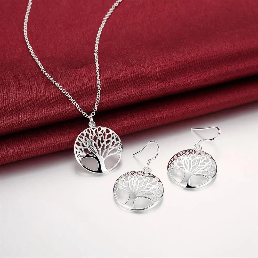 925 Sterling Silver Round Leaf Jewelry Set Earrings Necklace for Women Gift