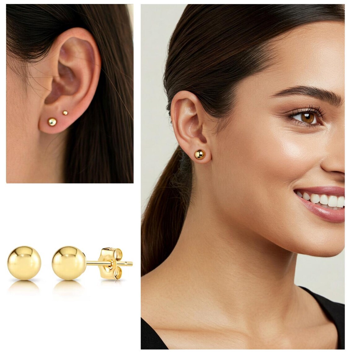14K Real Solid Yellow Gold Round Ball Bead Sleeper Stud Earrings Pushback 3-8mm