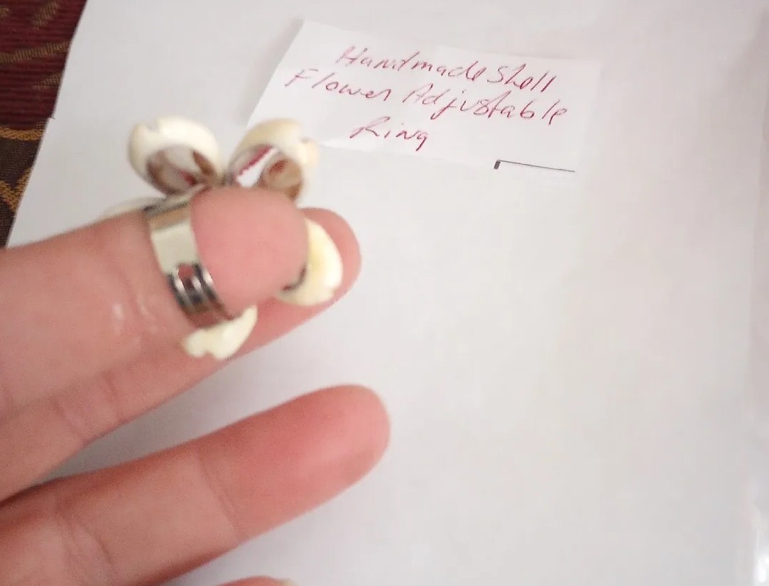 Hand Made Shell Flower White ,Pink, Brown Silver Tone Adjustable Ring