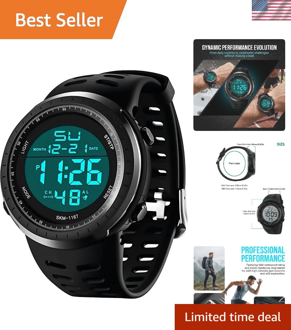 Stylish Black Men’s Digital Watch – Sports Waterproof with Backlight Function