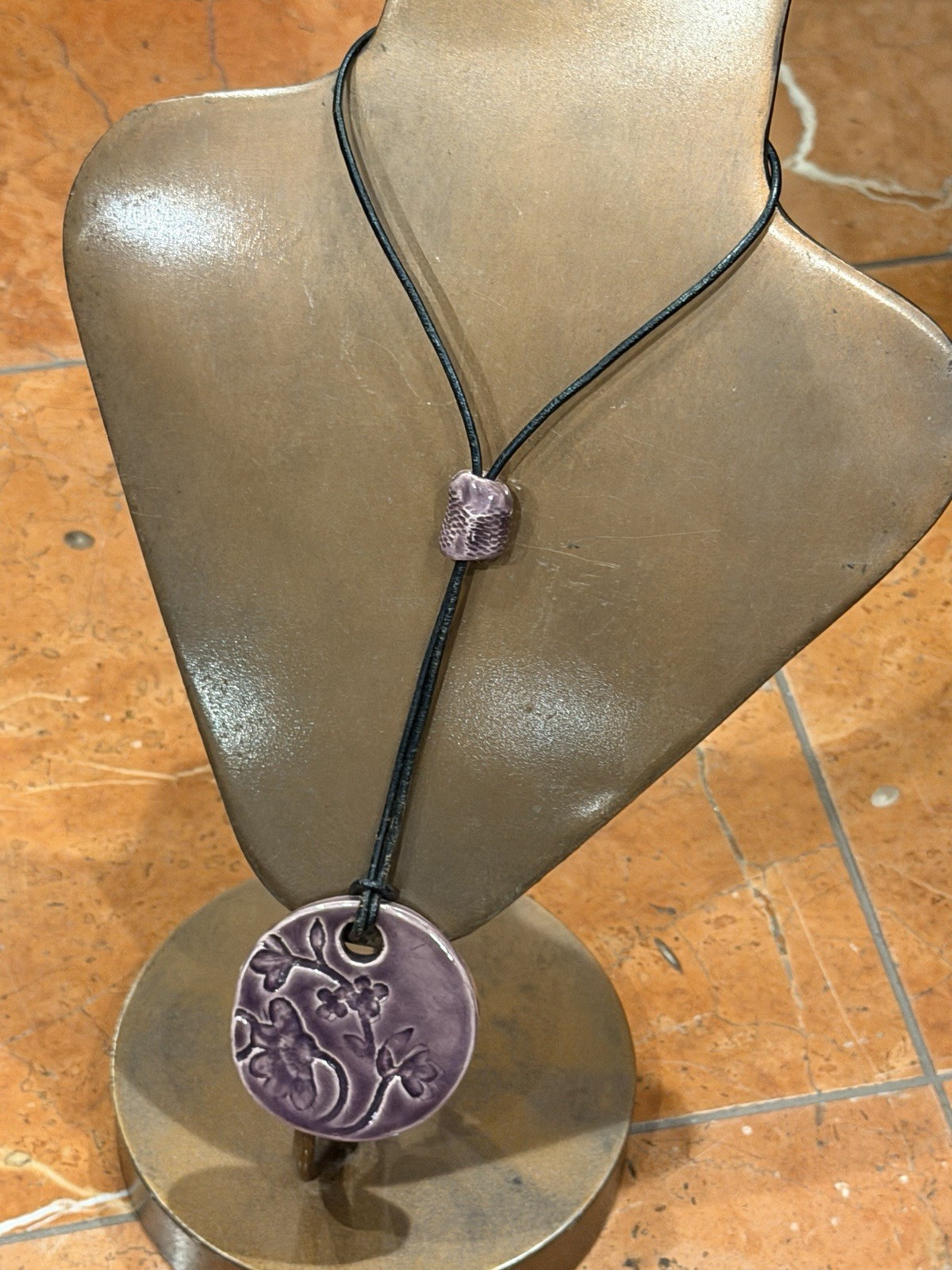 CERAMIC FLORAL PURPLE PENDANT BLACK LEATHER CORD STERLING SILVER CLASP Necklace