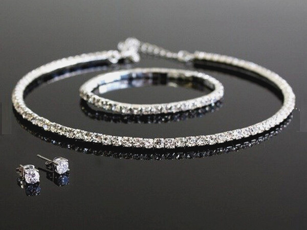 Jewelry Set Swarovski Elements Single Rows Clear Crystals Necklace Bracelet Stud