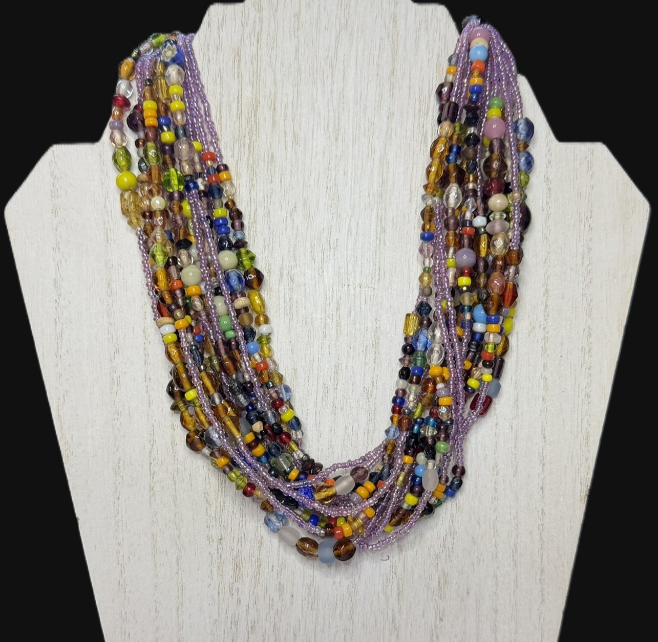 Multi Strand Bead Necklace Colorful Assorted Glass Beads Boho Chunky 18″