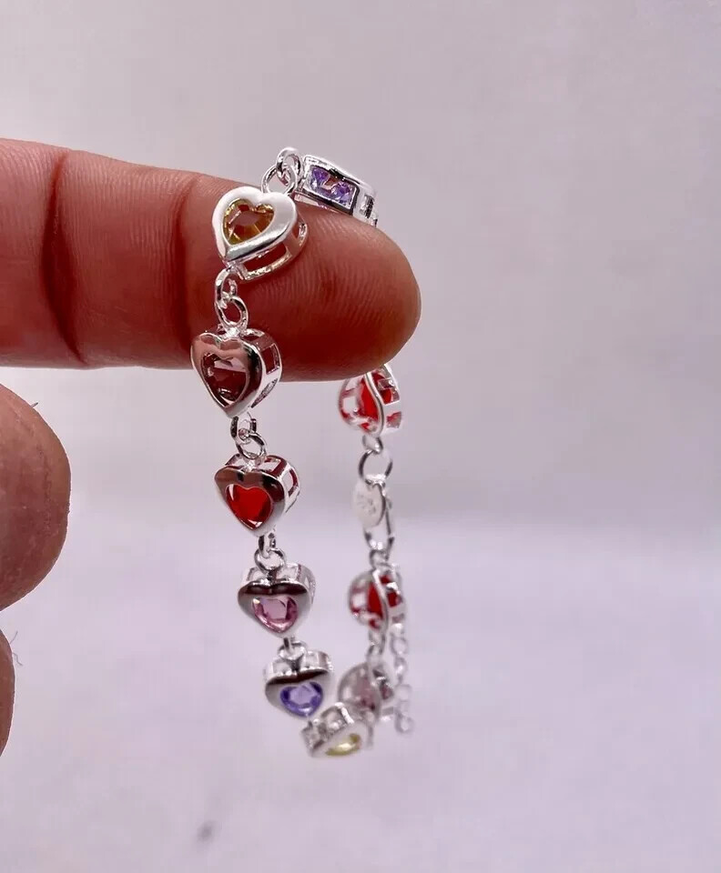925 sterling silver multi – color stone heart bracelet 8” adjustable