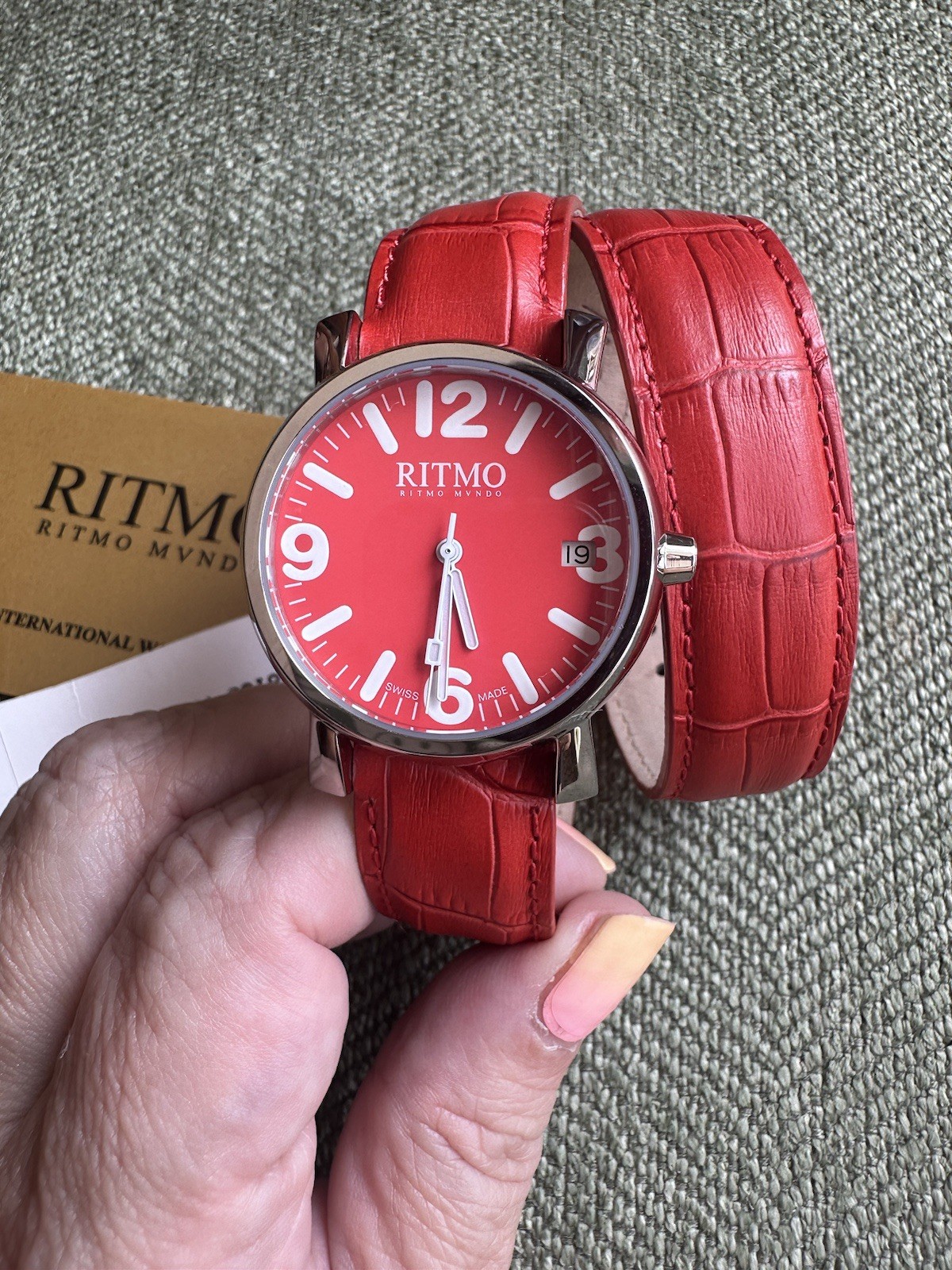 Ritmo Mundo Silver Tone Vera Pelle Red Leather Wrap Around Strap Watch NEW