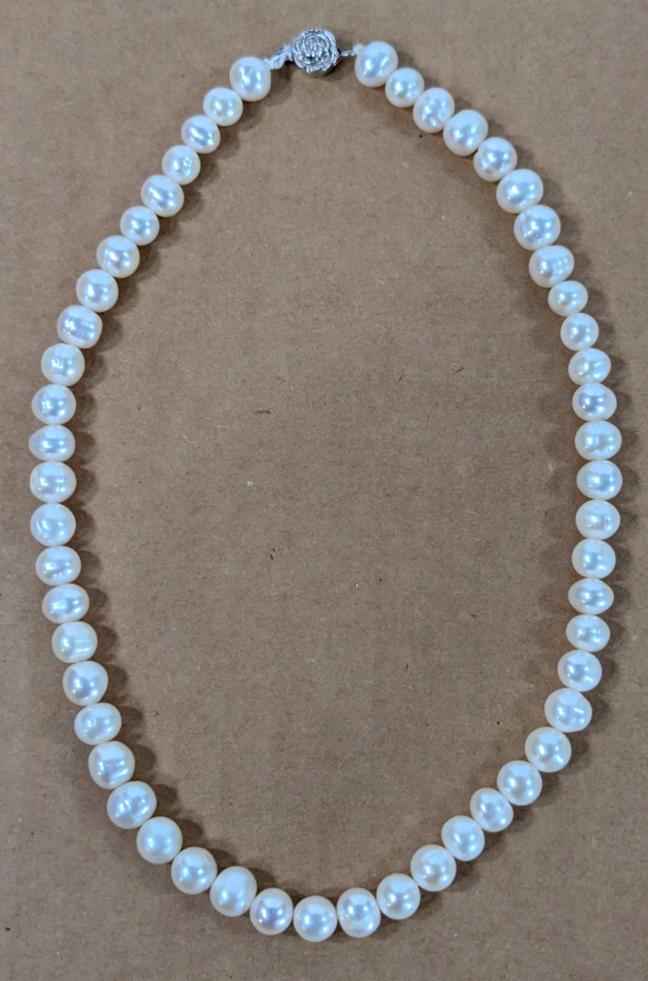Vintage Genuine Pearl Necklace w/ Silver Rose Clasp Classic Elegant 15.5″