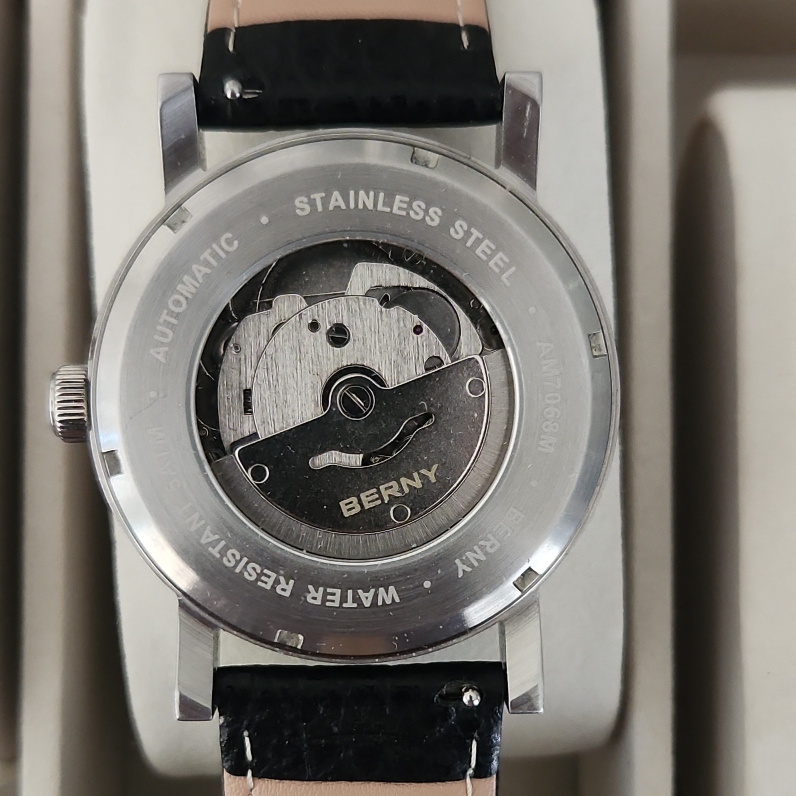 BERNY Automatic Black Dial Date Exhibition Back Steel Case Black Leather Strap