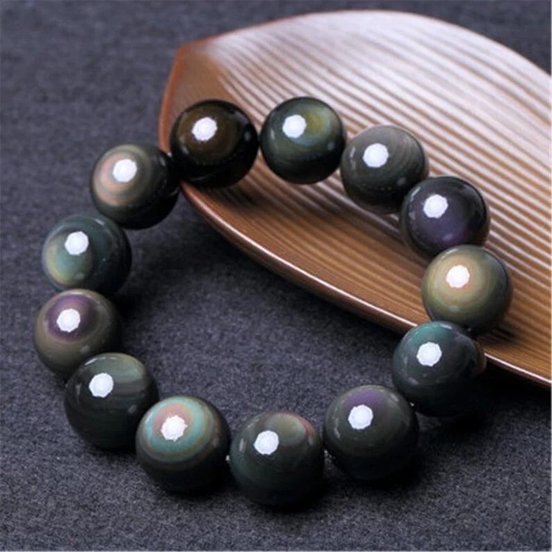 10MM Handmade Balance Round Rainbow Obsidian Bead Healing Men Women Bracelet