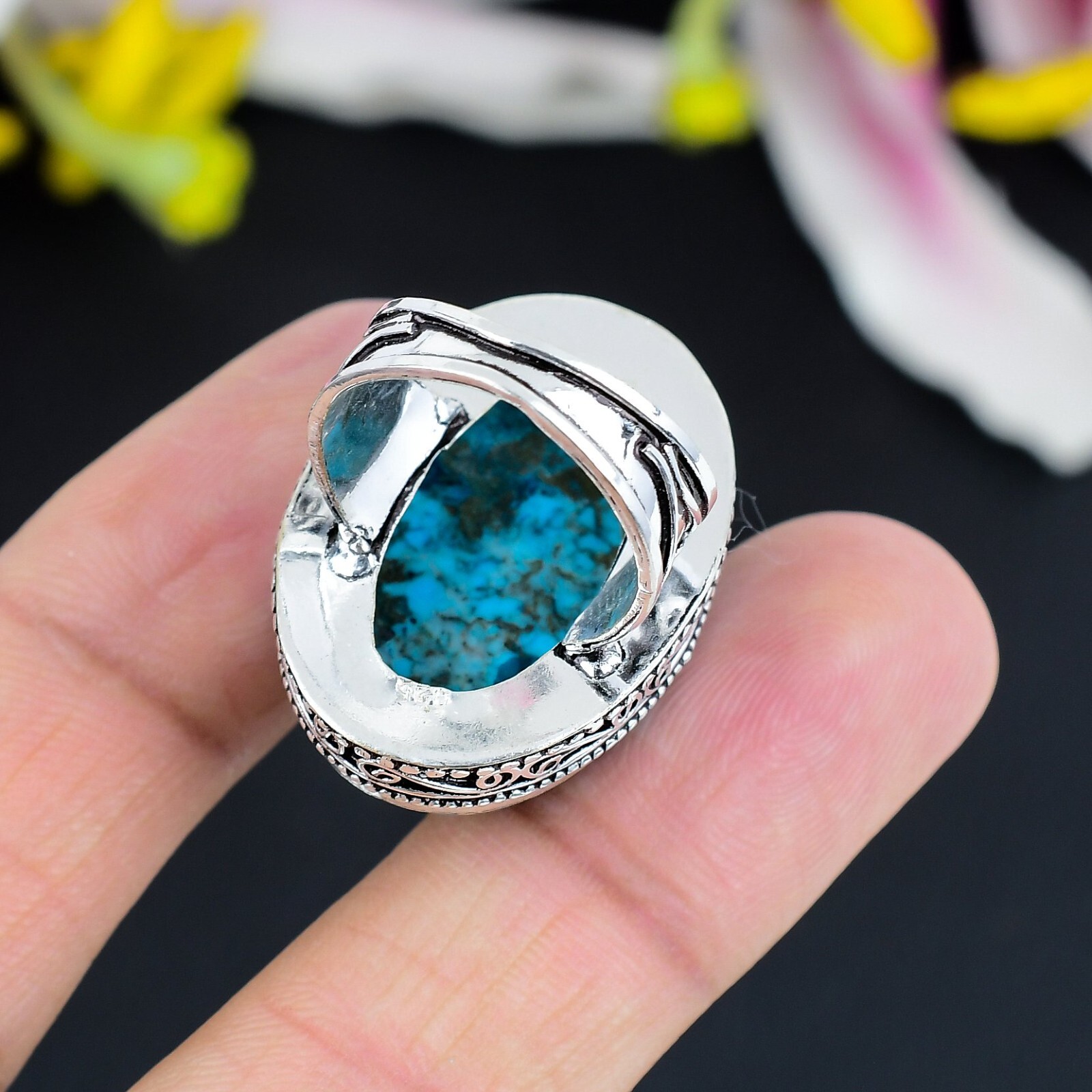 Tibetan Turquoise Gemstone Handmade 925 Sterling Silver Ring Bohemian Jewelry