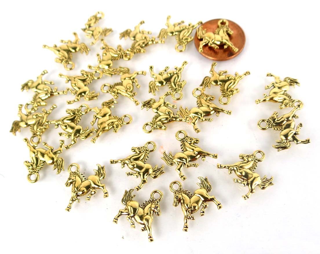 20 Galloping Horse Running Charms Antique Gold Pewter Western Charm 16x14mm