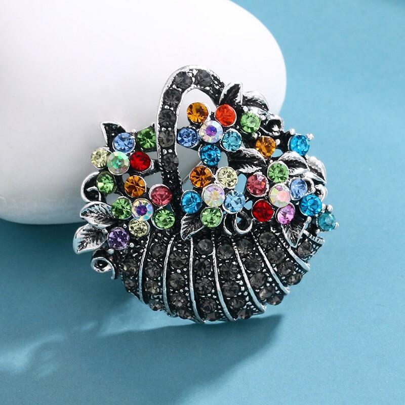 Flower Basket Vintage Style Silver Crystal Rhinestone Brooch & Gold Bag – VIDEO