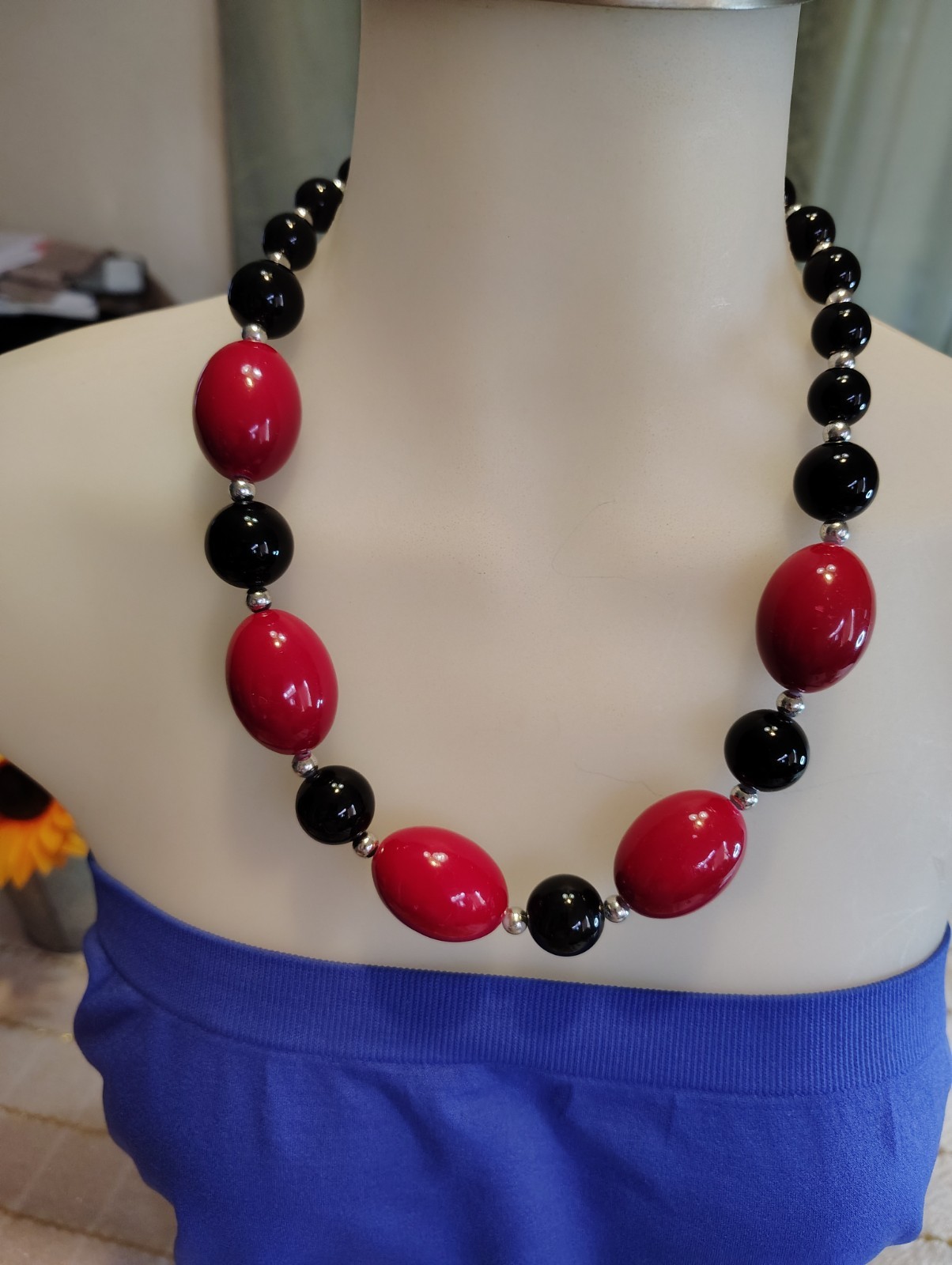 Red & Black Plastic Beaded Ball Chain Statement Necklace Lobster Clasp 18-22″
