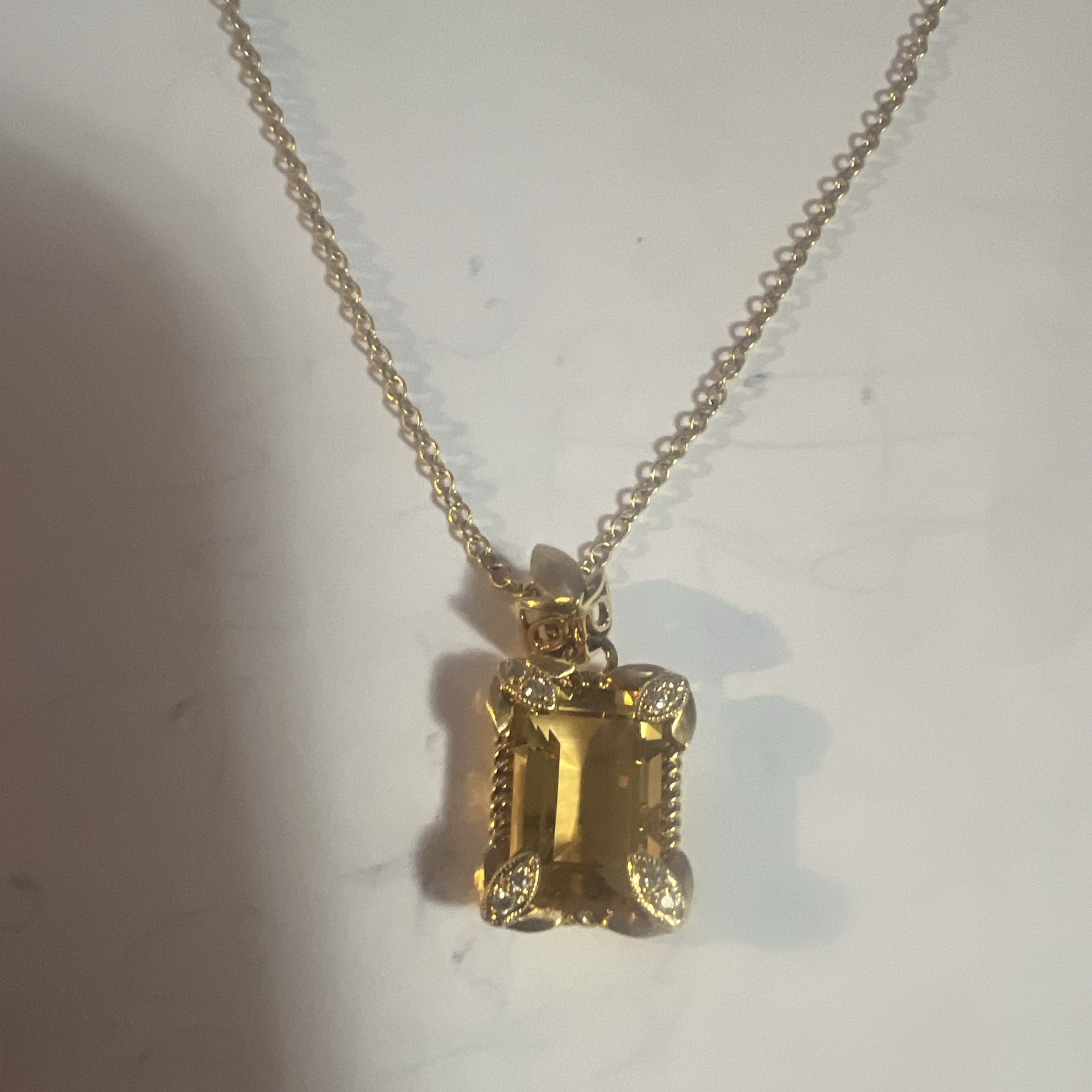 Gold Tone Metal Cable Chain Necklace Yellow Emerald-Cut Crystal Charm Pendant