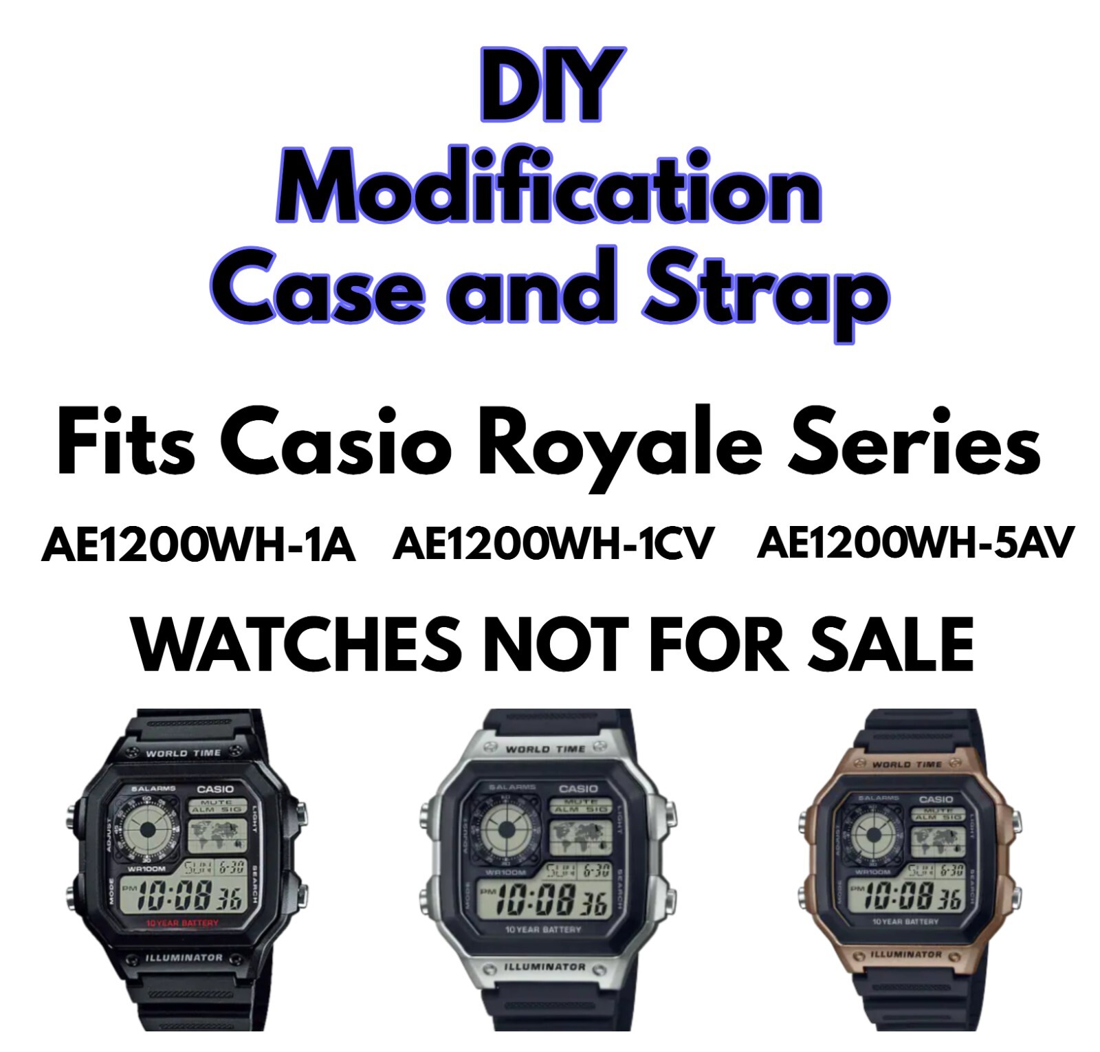 White/Black Mod Case & Strap for Casio World Time Royale AE-1200 NO WATCH