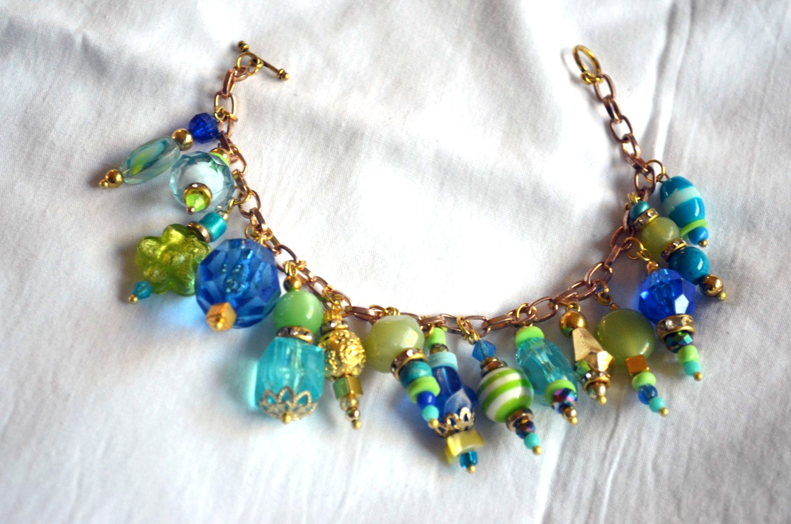 Blue Green Gold Beaded Charm Rhinestone Dangle Bracelet Handmade