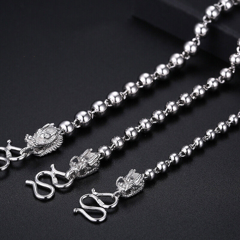 999 Pure Silver Chain Men’s 4mm/5mm/6mm Real Silver Beaded Necklace Dragon Head