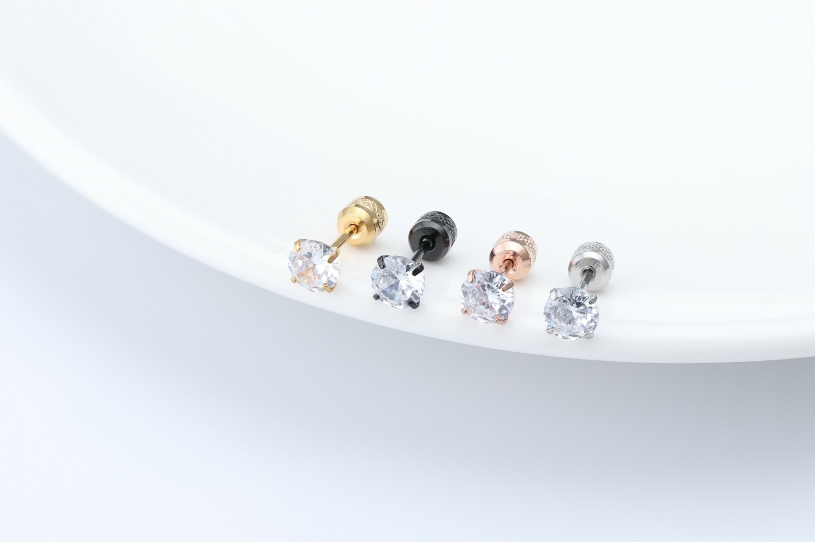 2PCS Silver Stainless Steel Round CZ Earrings Screw Back Ear Stud for Men Women