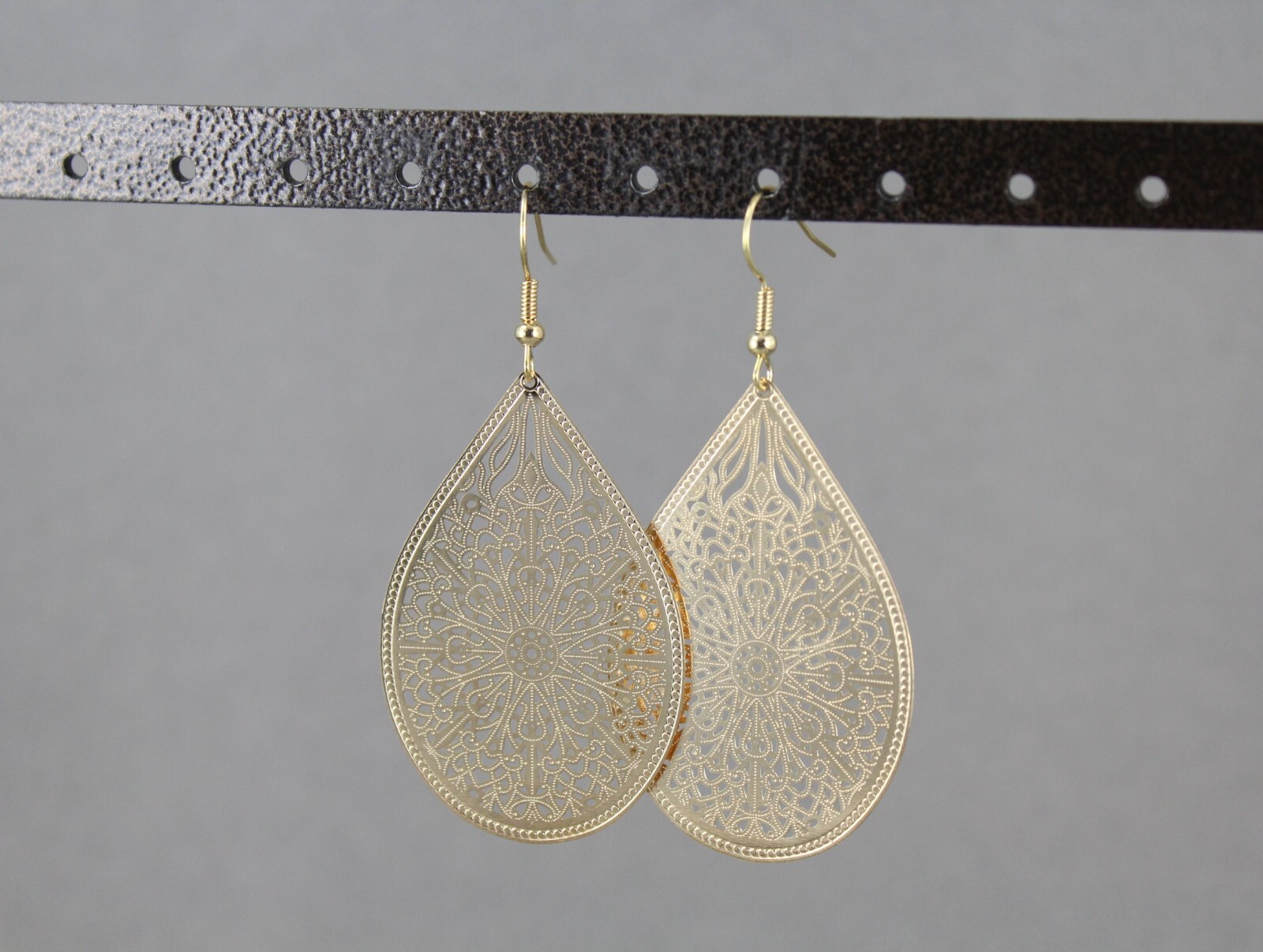 Gold earrings teardrop dangle shiny VERY lightweight filigree earrings 2.5″ long