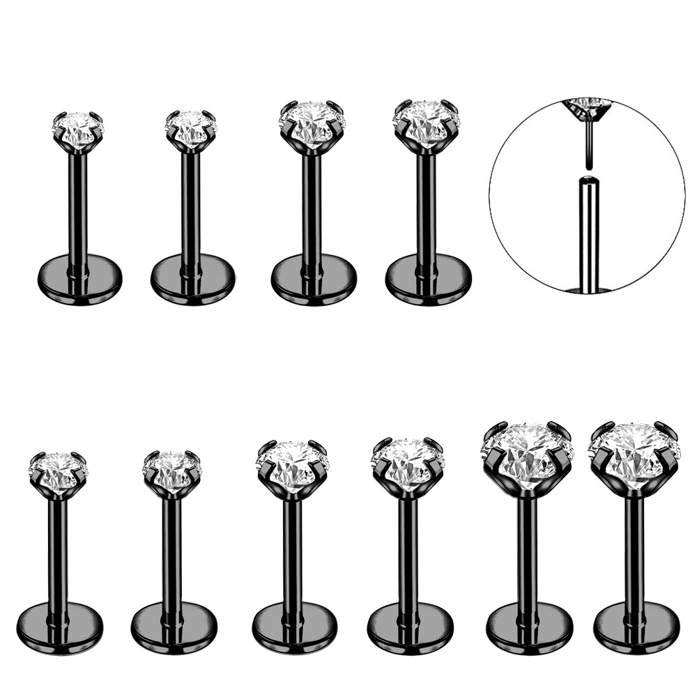 10Pcs Stainless Steel Labret Lip Stud Push in CZ Monroe Ear Helix Conch Piercing