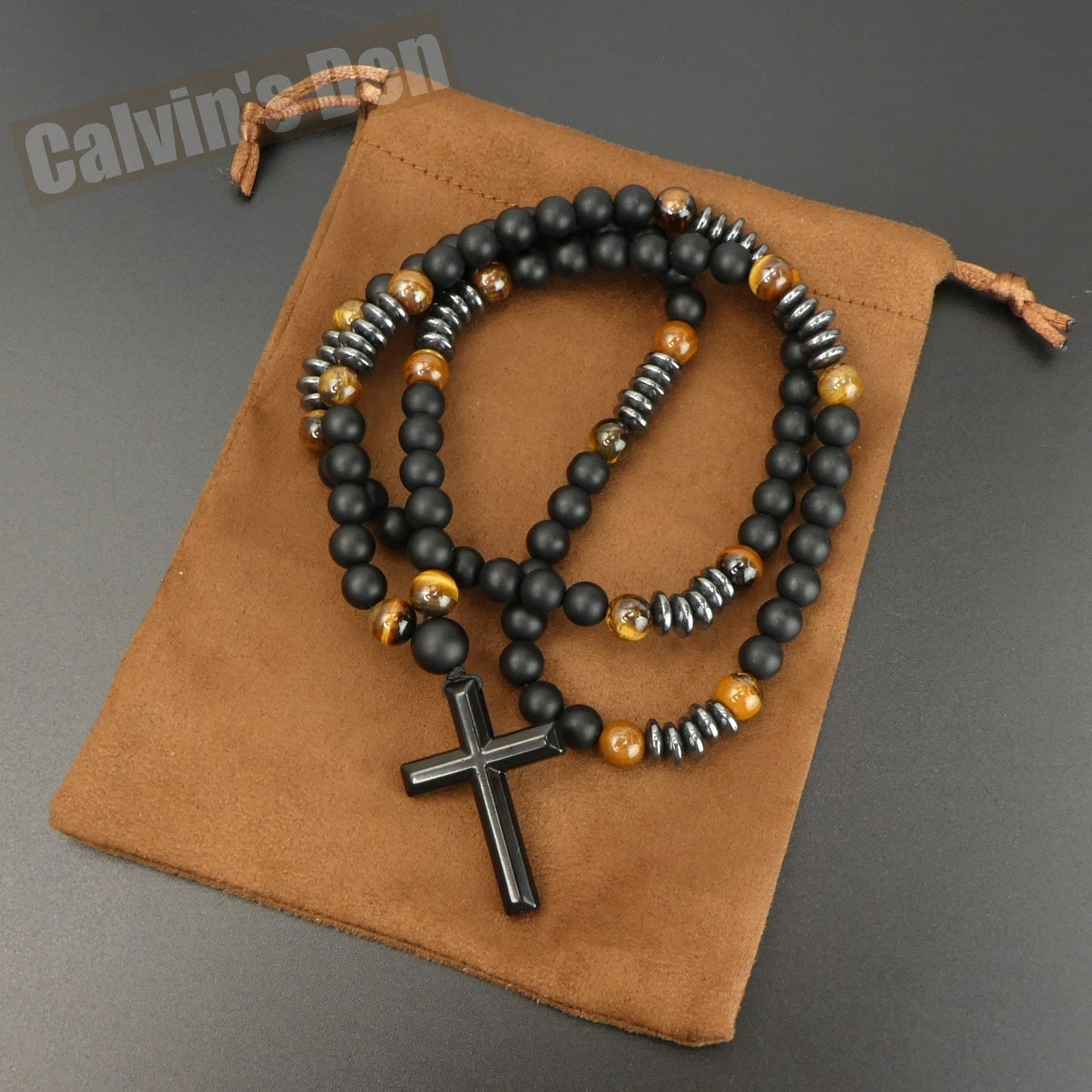 Black Obsidian Tiger Eye Black Alloy Cross Pendant Necklace Men Women Gift
