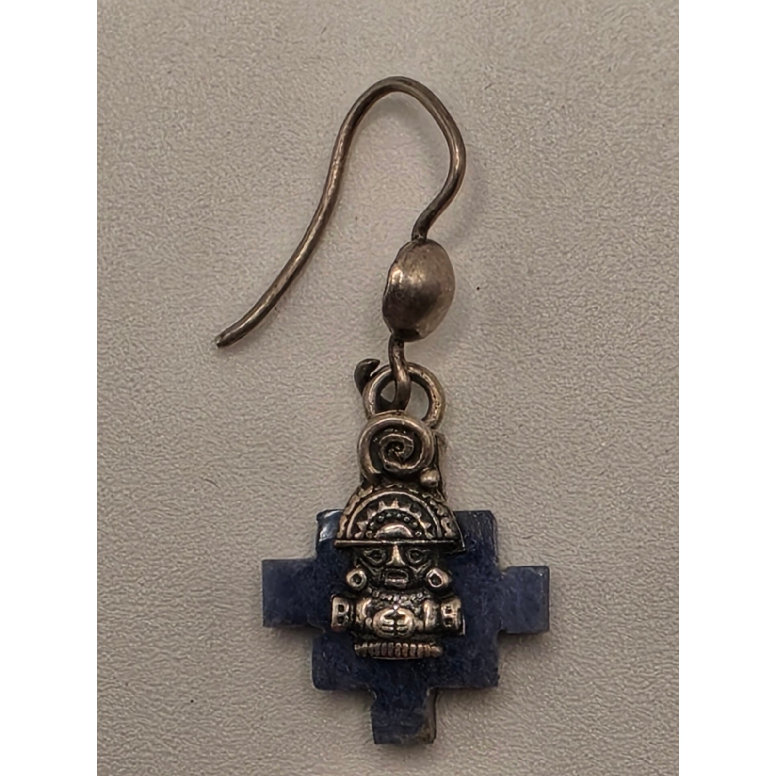 Peruvian 950 Silver Sodalite Chakana Inca Cross Tumi Drop Earrings Blue Stone