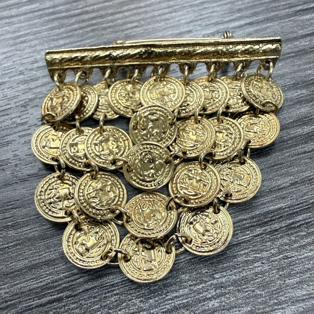 Gold Tone Asymmetrical Dangle Coin Charm Brooch Pin, Metal, No Stone, 2 in