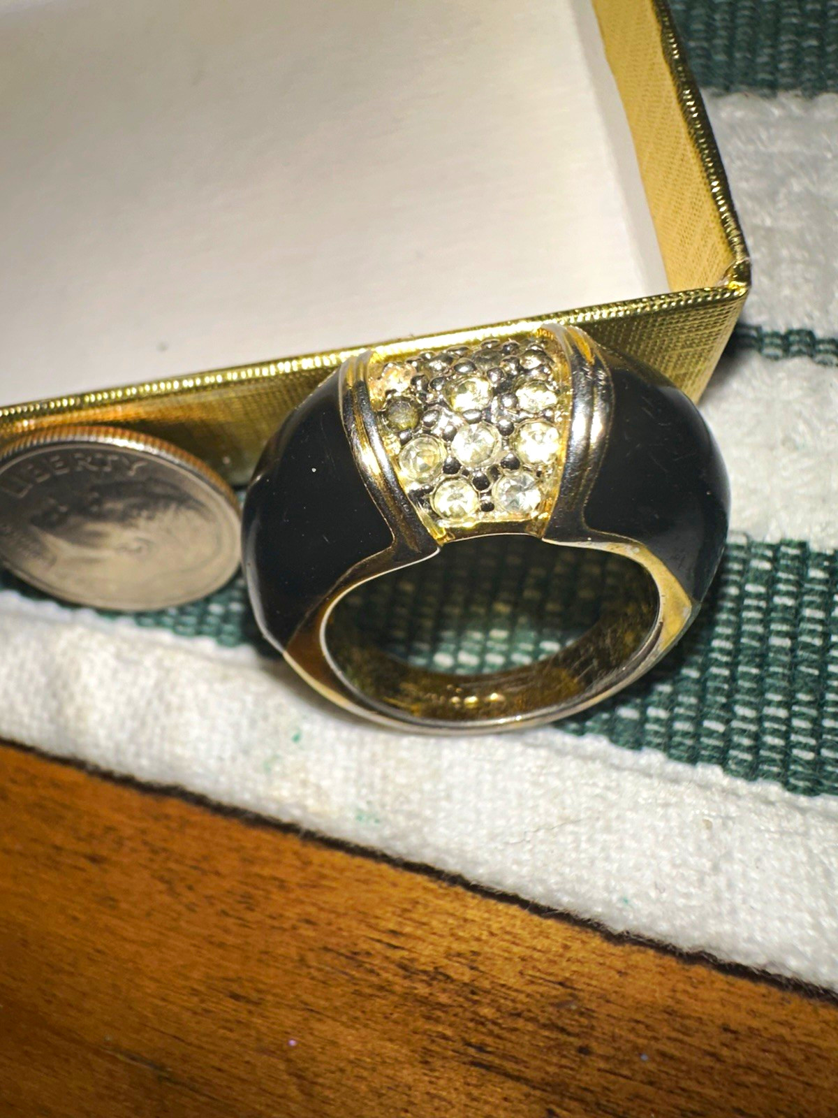 Black Enamel Dome Band Ring Clear Crystals Signed, Size 6.5 Vintage