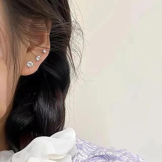 Silver Alloy Zircon Stud Earrings Set 12 Pairs Round Six Prong for For CRYSTAL