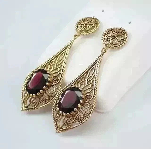 Red Garnet 3Ct Oval Cut Lab Created Drop Dangle Earrings 14K Yellow Gold Plated