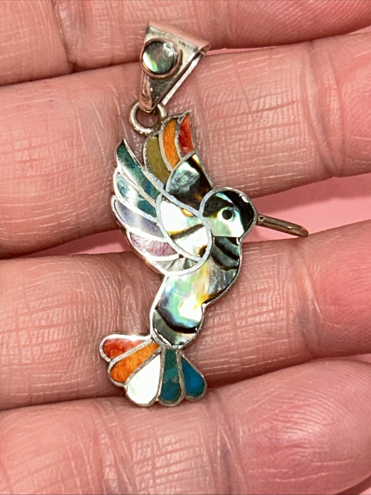950 Silver Handmade Inlay Hummingbird Abalone Pendant From Peru 1.75”
