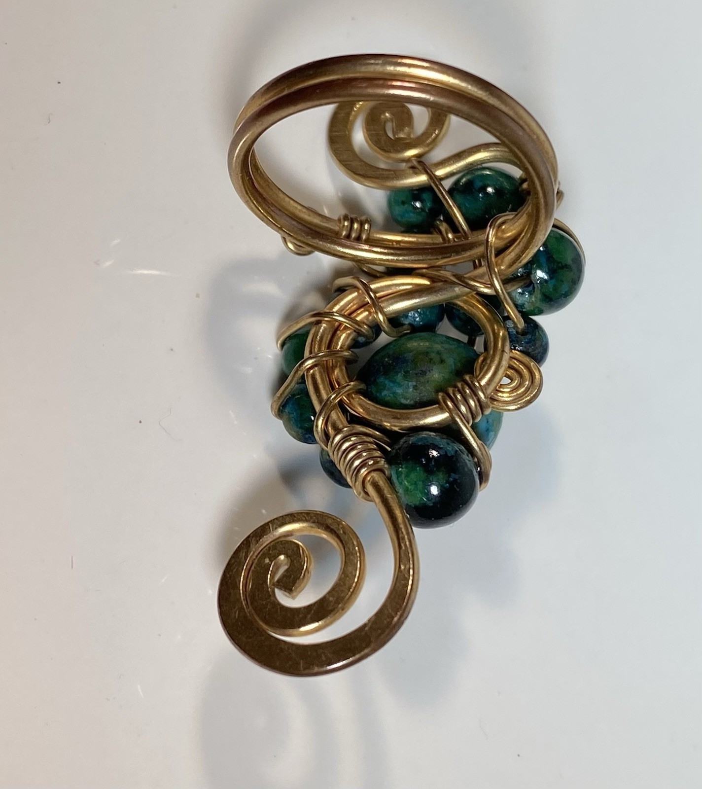 Handmade ring, green and blue gemstones, wire-wrapped in gold-toned metal