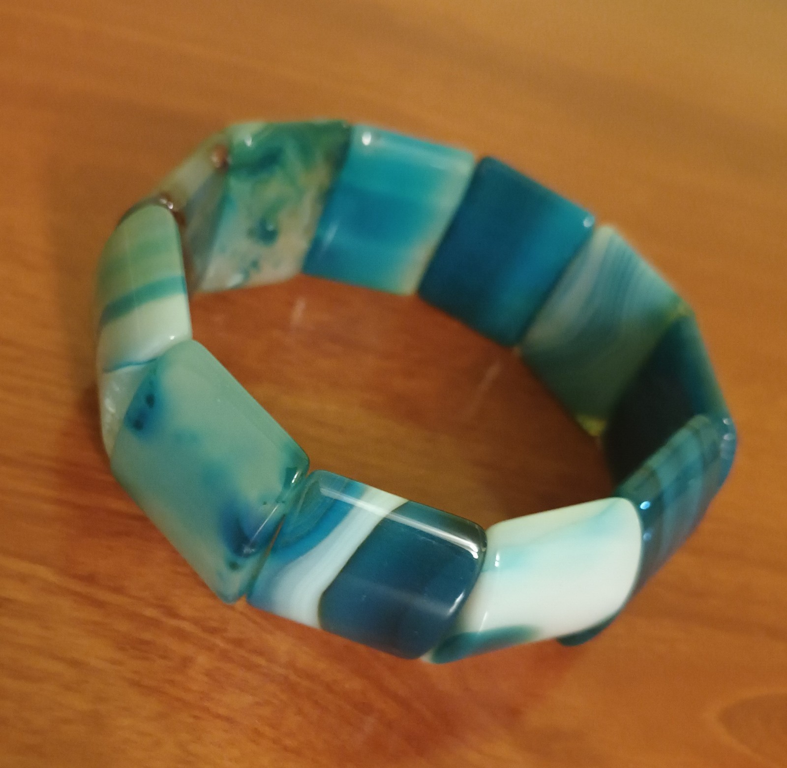 Agate Stretch Bracelet Banded Wide Blue Swirl Gemstone Bar Bead Bangle