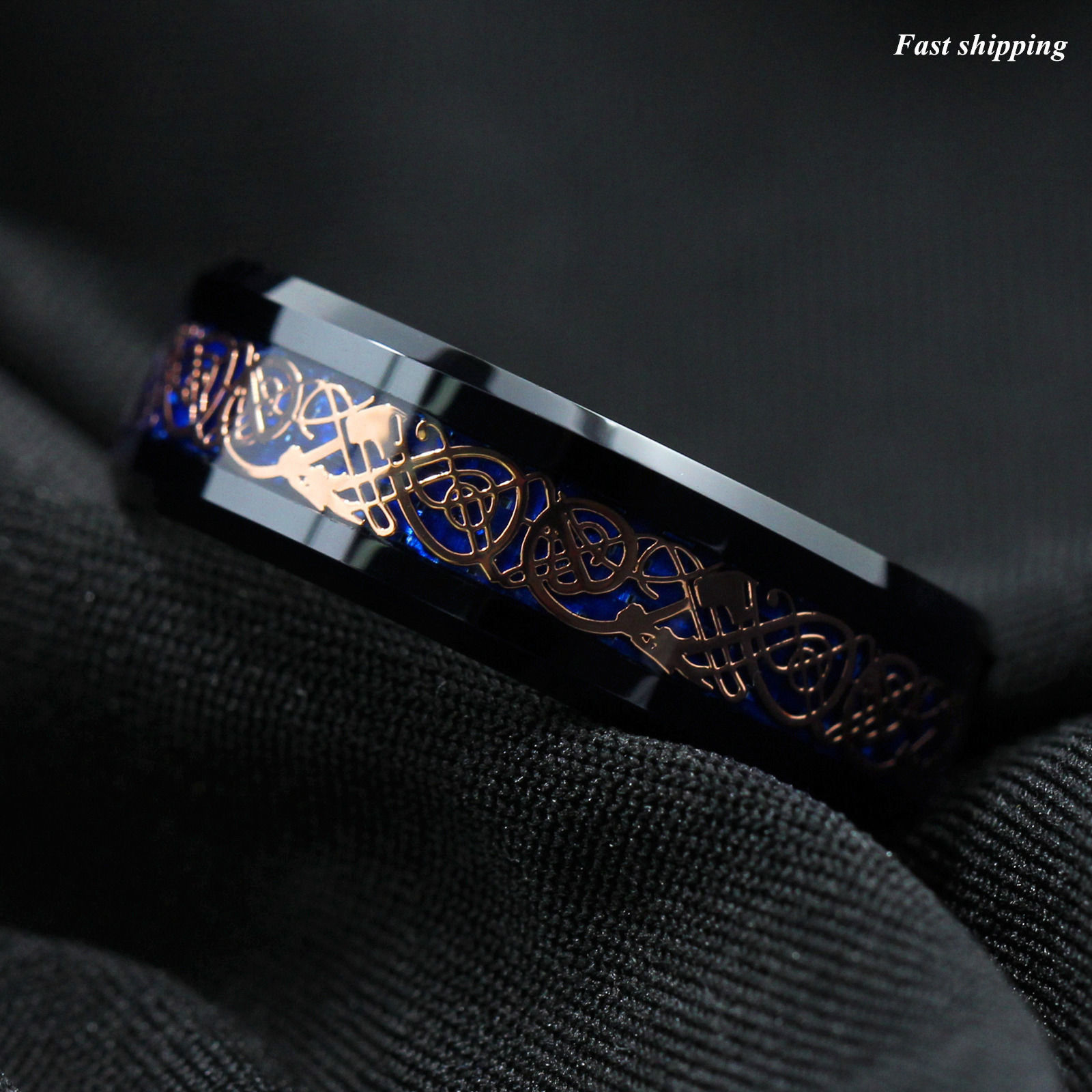 8mm Black Tungsten Ring Rose Gold Celtic Dragon Blue Carbon Fibre ATOP Jewelry