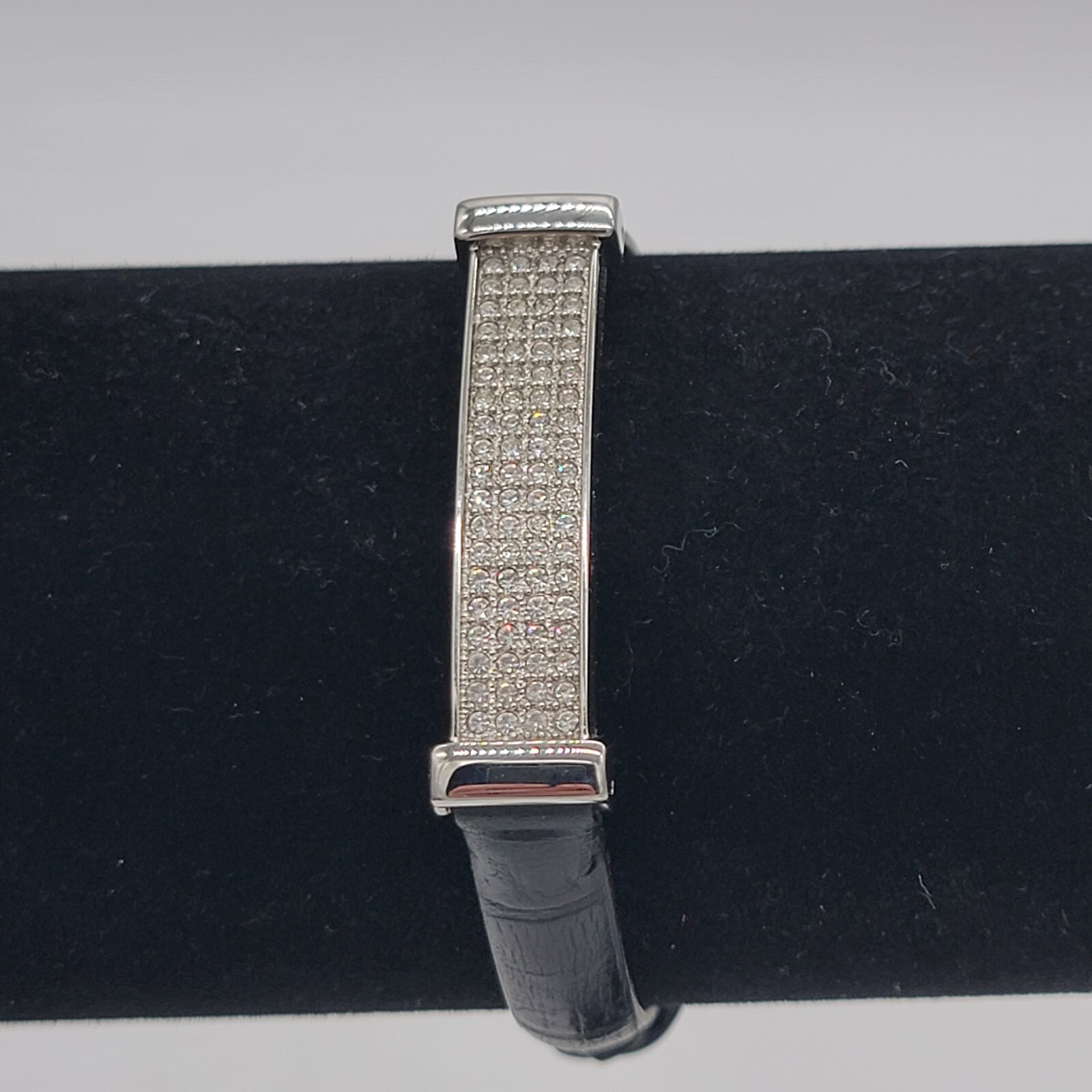 VERA PELLE Visage Black Leather Stainless Steel Rhinestone Bracelet
